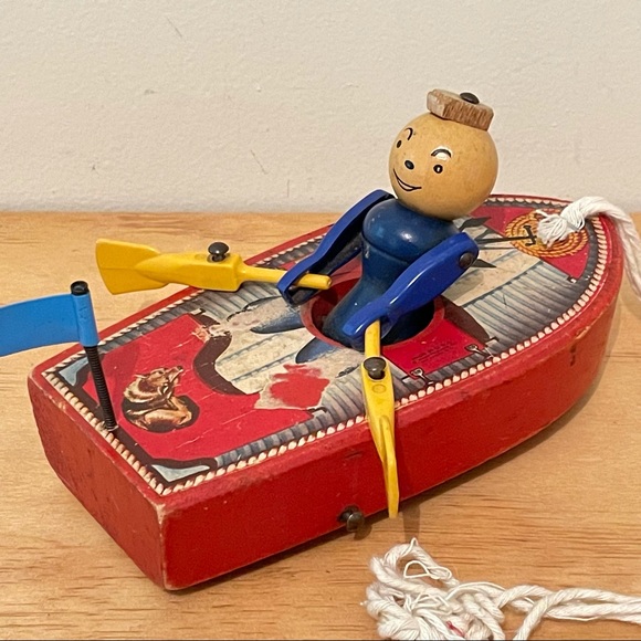 Vintage antique 1940s Fisher Price Row Boat Pull Behind Toy 730 Working rowing